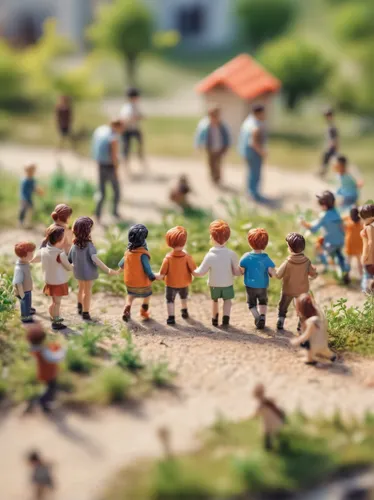 Create a heartwarming tale about SCP-3288's interactions with a group of children.,tilt shift,miniature figures,little people,playmobil,tiny people,folk village,mud village,tiny world,play figures,kor