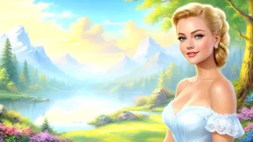 masterpiece oil painting, saturated colors, natural landscape, by Bob Ross, by Thomas Kinkade, highly detailed, high res,the princess is looking at the scenery in her dress,connie stevens - female,cel