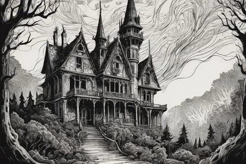 witch's house,witch house,the haunted house,haunted castle,ghost castle,haunted house,creepy house,bellairs,ravenloft,magic castle,haunted cathedral,hauntings,old victorian,woodring,morganville,victorian house,castle of the corvin,victorian,fairy tale castle,house in the forest,Conceptual Art,Oil color,Oil Color 21