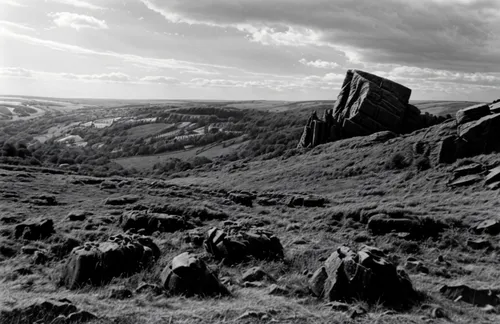 Sharp black & white landscape photograph, Peak District landscape, Birchen Edge (Ansell Adams style!),bathgate hills,moorland,valley of desolation,high moor,chambered cairn,bullers of buchan,ruined ca