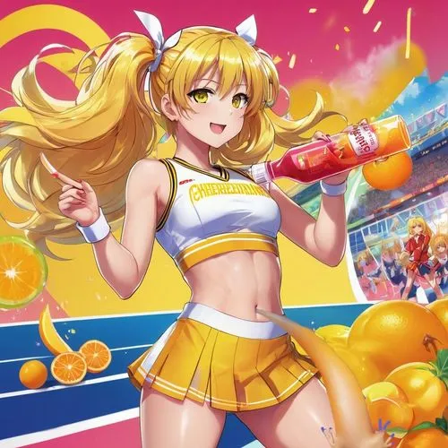 yang,cheering,cheerleader,honey candy,sports girl,lemonsoda,orangina,pollen panties,candy island girl,citrus,yuzu,cheer,fanta,playmat,water fight,vitamin c,valencia orange,lucozade,water gun,tennis