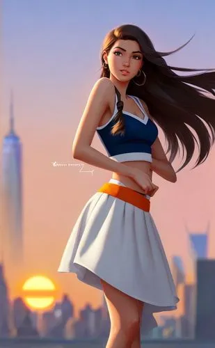 a portrait of a beautiful caucasian girl 22 years old, brown eyes,  black hair wearing a white top and orange miniskirt stand up in the torch of stature of liberty whit boats in the hudson river and N