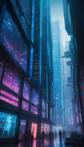 Neuro futuristic building, cyberpunk skyscraper, neon lights reflecting off glassy surfaces, intricate circuitry patterns on walls, holographic advertisements floating in mid-air, sleek metallic pilla