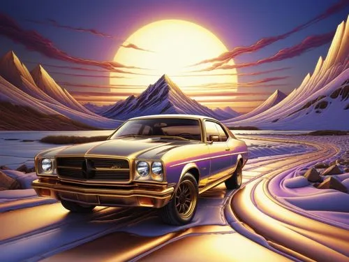 an artistic digital painting of a young woman in a purple dress,3d car wallpaper,muscle car cartoon,car wallpapers,cartoon video game background,alpine sunset,mercedes benz w123,Illustration,Realistic