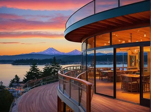 Friday Harbor waterfront, modern architecture, curved lines, glass facade, wooden accents, nautical-themed decorations, sailboat-inspired roof, spacious balconies, floor-to-ceiling windows, panoramic 