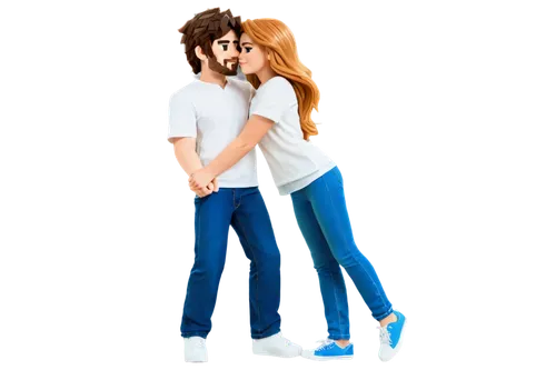 Young couple, romantic, embracing, happy facial expressions, gentle smiles, soft kiss, tender hands holding, warm skin tone, casual wear, white shirt, blue jeans, sneakers, relaxed posture, natural ma