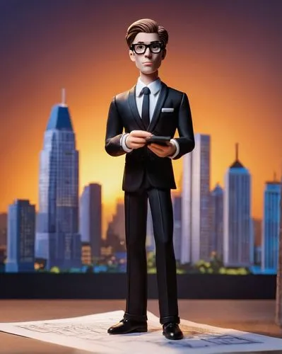 Modern architect, Joshua Zinder, standing, confident pose, glasses, stylish hair, formal attire, black suit, white shirt, black tie, holding blueprints, pencil in hand, urban background, skyscraper, c