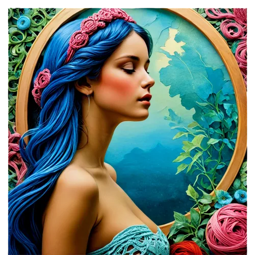 blue moon rose,girl in a wreath,blue rose,rose wreath,fantasy portrait,persephone,fairie,amphitrite,principessa,viveros,jasmine blue,fantasy art,wreath of flowers,sirena,mermaid background,bohemian art,nereid,boho art,rosa 'the fairy,mystical portrait of a girl,Conceptual Art,Fantasy,Fantasy 05