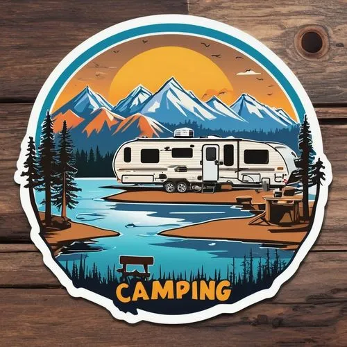 Camping word, by the lake in RV,a camper is sitting on the ground next to a mountain lake,camper,travel trailer poster,campsites,camping bus,campers,camping car,Unique,Design,Sticker