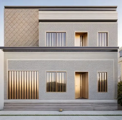 villa, modern architecture, golden hour, stone façade, glazing, glass railing ,facade panels,residential house,wooden facade,3d rendering,gold stucco frame,lattice windows,stucco frame,exterior decora