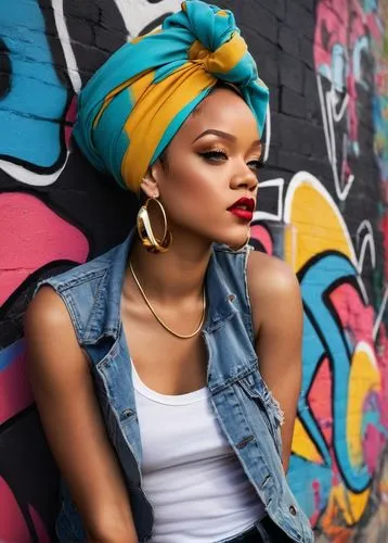 Rihanna-inspired, confident girl, 20s, Afro hair, colorful headscarf, bold eyebrows, full lips, golden hoop earrings, smooth brown skin, sleeveless denim jacket, black tank top, high-waisted ripped je