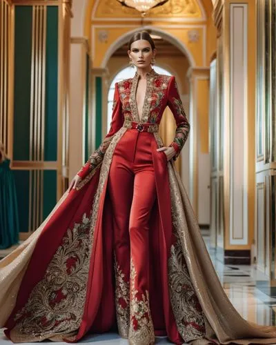 Fashion show ,a woman wearing red and gold outfit,imperial coat,red gown,matador,deepika padukone,tahiliani,lady in red,Photography,General,Realistic