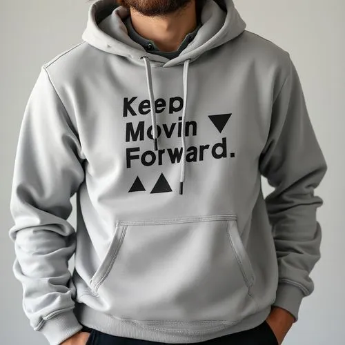 Design a stylish, minimalist hoodie with geometric shapes and a motivational quote 'Keep Moving Forward'. Use muted colors like grey, white, and black.,a bearded man wearing a keep movin forward hoodi