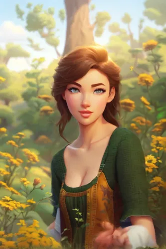 princess anna,tiana,marguerite,merida,lara,girl in flowers,girl picking flowers,mayweed,jane austen,woodland sunflower,vanessa (butterfly),jessamine,fable,bunches of rowan,holding flowers,daisy,flora,