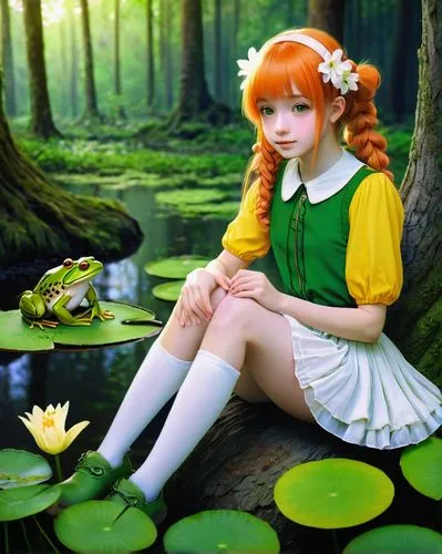 Anime, frog girl, solo, (12yo), green skin, big round eyes, eyelashes, yellow hair clips, orange hair, ponytail, white shirt, short pleated skirt, green boots, holding a lily pad, sitting on a mushroo