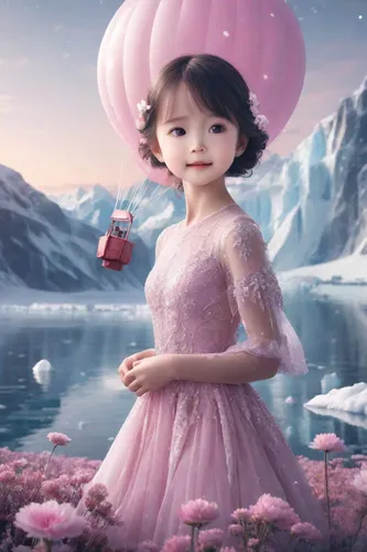 1girl,full body,colorful,glowing,flower sea,lake,winter,snowing,solo,snowfield,stormstx,(cruise:1.2),(arctic:1.4),(glacier:1.5),hot_air_balloon,pink dress,, absurdres,best quality,Highly detailed,mast