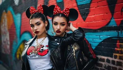 Gangster Minnie Mouse, solo, (20yo), sassy attitude, red bandana, gold chain necklace, white tank top, high-waisted ripped jeans, black leather jacket, sneakers, bold eyebrows, thick eyeliner, red lip