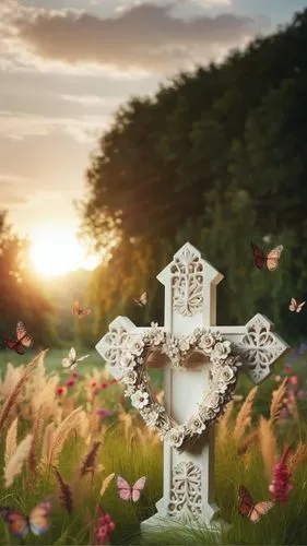 the white cross is decorated with a heart of flowers,wayside cross,celtic cross,wooden cross,grave arrangement,memorial cross,columbaria