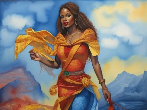 Beautiful nigerian girl, full dark curly hair, big dark almond eyes, full red lips, misty sky,the painting depicts a woman with her arms spread out,oshun,inara,baoshun,shakuntala,arundhati,draupadi,Il