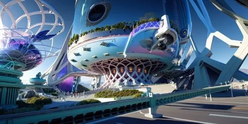 the futuristic building is surrounded by grass and trees,futuristic landscape,arcology,futuristic architecture,futuroscope,futuristic art museum,primosphere,cybercity,fantasy city,cyberworld,imaginati