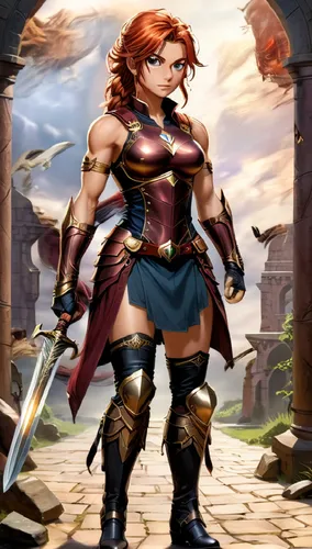 Draw in anime style: A stern, muscular, hazel-eyed, amber-haired, bronze-tan female Amazon, with a big scar on her right leg, wearing bronze bracelets, sleeveless burgundy leather armor, black leather