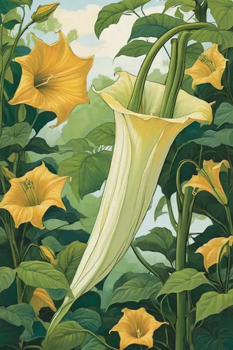 angel trumpet,angel's trumpet,angels trumpet,brugmansia,datura,brugmansia sanguinea,angel's trumpets,datura inoxia,angel trumpets,yellow trumpet flower,giant white arum lily,pattypan squash,trumpet flower,flower illustration,balloon flower,yellow bells,peace lilies,summer squash,beach moonflower,yellow bell flower,Illustration,Vector,Vector 04