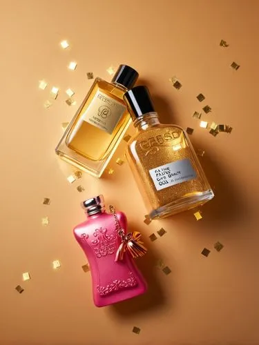 掉落的金粉,two perfumes are seen on the surface with confetti falling out of them,parfumerie,grossmith,perfume bottles,parfums,guerlain,perfumery,parfum,perfumes,perfumers,lancome,colognes,fragrances,perfu