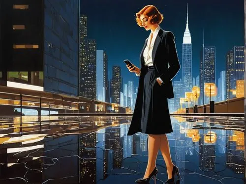 woman holding a smartphone,women in technology,sprint woman,bussiness woman,white-collar worker,art deco woman,businesswoman,business women,businesswomen,business woman,advertising figure,telephone operator,sci fiction illustration,place of work women,woman in menswear,business world,concierge,night administrator,woman thinking,mobile banking,Illustration,Retro,Retro 15