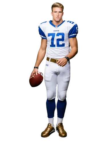 Fast Hershey's, American football player, muscular athletic build, short blonde hair, intense gaze, white football jersey, blue pants, gold belt, Nike shoes, holding football, strong legs, standing, h