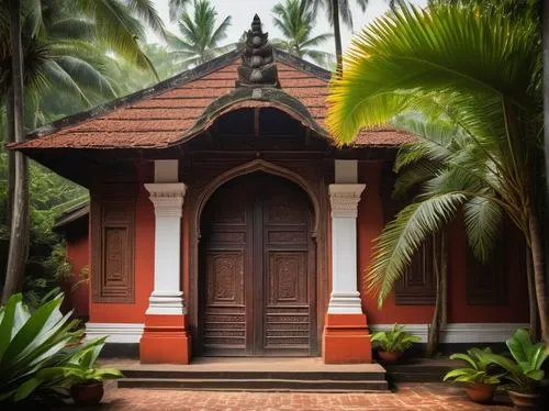 Traditional Kerala architecture, ancient temple style, intricate carvings, ornate wooden doors, sloping roofs with red tiles, white walls with minimal decorations, grand entrance gate, lush green surr