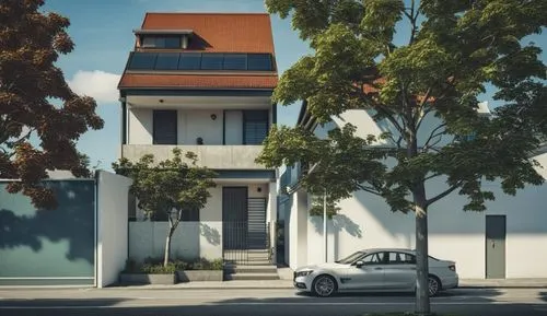 a house, traffic light, vehicles, people, tree, streets,modern house,kornhaus,villa,bauhaus,mid century house,cubic house,residential house,small house,bankhaus,suburbia,suburu,dojo,model house,altade