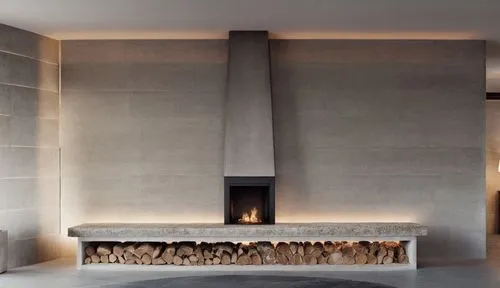 a fireplace with a bunch of logs inside of it,fireplace,fire place,fireplaces,exposed concrete,concrete ceiling,associati,Photography,General,Realistic