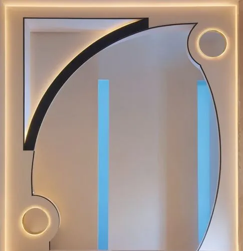 Converting the layout of a gypsum arch to an entrance to a room,an illuminated round mirror with lights and a lit up shelf,circle shape frame,music note frame,art deco frame,semi circle arch,mirror fr