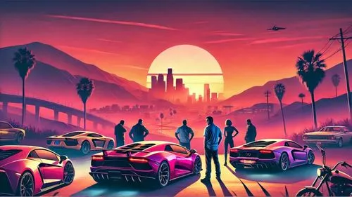 Expand knowing it's GTA V ambience.,people and exotic cars are featured in a car art painting by ryan s williams,youtube background,art background,3d car wallpaper,dusk background,autopia,game illustr