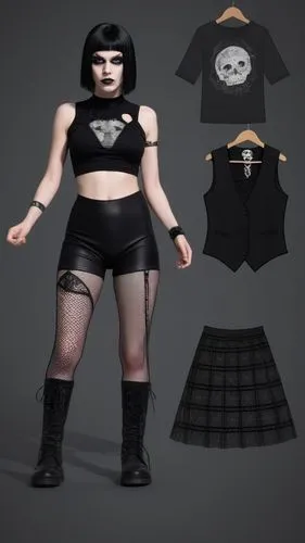 Paper doll 2d cartoon goth girl in black sleeveless shirt , black spandex shorts, complete full length fishnet and black goth knee Boots, standing surrounded by with a set of goth fashion clothing, sh