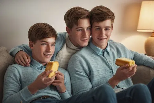 Twinkies, cuddling, intimate, romantic, 2 boys, identical twins, short hair, blue eyes, freckles, sweet smiles, tender skin, soft clothing, pastel colors, gentle gestures, embracing, sitting on couch,