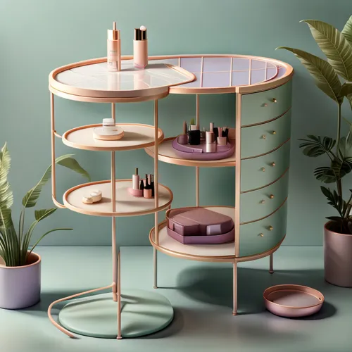 Beauty pop-up makeup table design, pastel purple, modern and clean design, nature-friendly, skin care cosmetics on the top, netro style,cake stand,cosmetics counter,end table,set table,incense with st