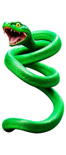 Slithering snake, scaly skin, forked tongue, sharp fangs, venomous eyes, coiled body, vibrant green color, shiny texture, metallic sheen, dynamic pose, twisting motion, 3D rendering, cinematic lightin