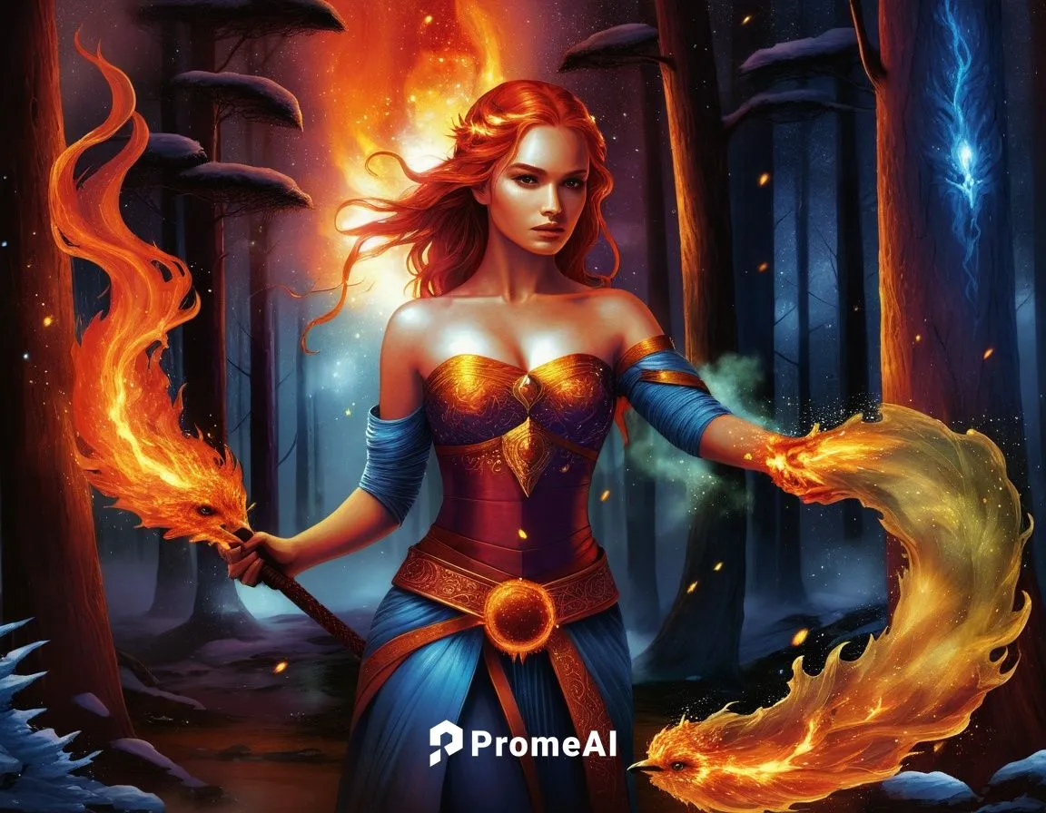 ice and fire,a woman in the middle of an orange and red dress holding torches,fire angel,lina,fireheart,fire siren,fire background,flame spirit,Illustration,Realistic Fantasy,Realistic Fantasy 25