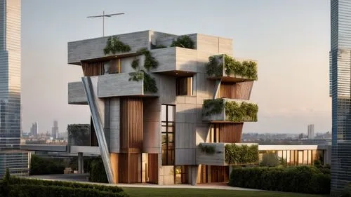 crea una imagen de un edificio futurista con principios sustentables en un atardecer agrega una mujer estilo steam punk,residential tower,cube stilt houses,sky apartment,urban towers,skyscapers,cubic 