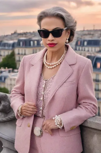 Elderly woman wearing a pink suit Wear a pearl necklace Standing on the roof of a building at night,cruella de ville,dame blanche,elizabeth ii,orsay,brazilian monarchy,burgos-rosa de lima,french presi