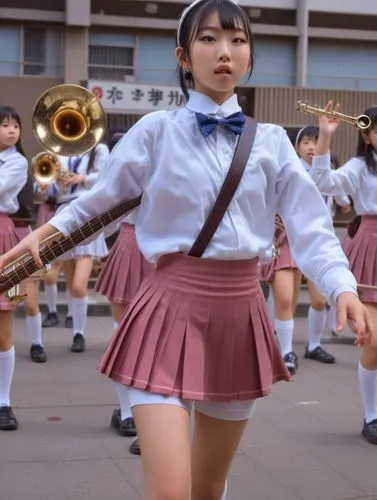 Japanese schoolgirl making music.,a woman in a skirt and bow tie, holding a trumpet and marching band in front of her,majorette,marching band,chirasevenupraphand,fanfare horn,nmb,corps,Photography,Gen