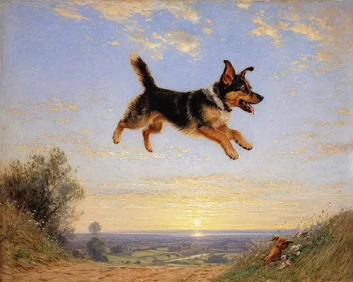 lancashire heeler,flying dog,flying dogs,old english terrier,english shepherd,old german shepherd dog,shepherd,alsatian,dog running,dog playing,german shepherd,schweizer laufhund,schutzhund,australian cattle dog,collie,constable,bruno jura hound,bohemian shepherd,running dog,east-european shepherd,Art,Classical Oil Painting,Classical Oil Painting 13