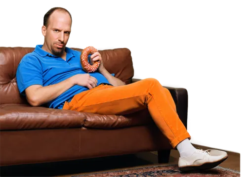 Homer Simpson, solo, (40yo), overweight, balding, blue shirt, orange pants, white socks, brown shoes, donut in hand, sitting on couch, lazy posture, facial close-up, soft focus, warm lighting, shallow