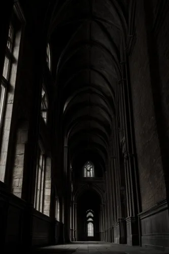 a dark and gloomy place,haunted cathedral,abbaye de belloc,hall of the fallen,cathedral of modena,empty hall,cloister,gothic architecture,a dark room,threshold,empty interior,dark gothic mood,trinity 