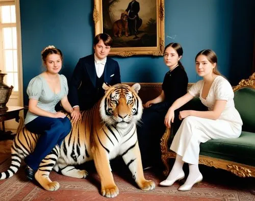 Deux jeunes accompagnés d’un tigre dans un salon luxueux, façon 19eme siècle,a group of people pose next to a tiger,lionesses,tigers,royal tiger,brazilian monarchy,royal bengal,tigresses