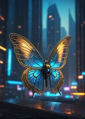 Butterfly, transformation, futuristic, sci-fi, mechanical, metallic, shiny, silver, golden, glowing blue circuits, intricate details, delicate wings, transparent, iridescent, holographic, robotic, eff