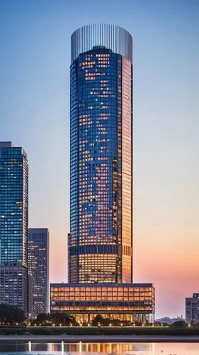 The skyscraper stands majestically against the skyline, its sleek and innovative design a testament to modern architectural excellence. The facade is a seamless blend of glass and steel, reflecting th