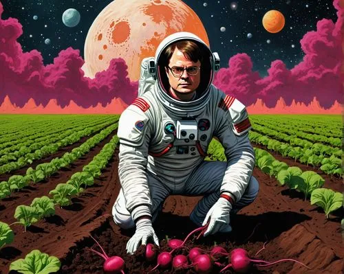 sci fiction illustration,mission to mars,beets,spacefill,spaceman,quark raspberries,astronaut,red planet,astronautics,red beets,cosmos field,robot in space,space voyage,valerian,space art,amaranth,cosmonaut,astronauts,martian,spacescraft,Conceptual Art,Sci-Fi,Sci-Fi 20