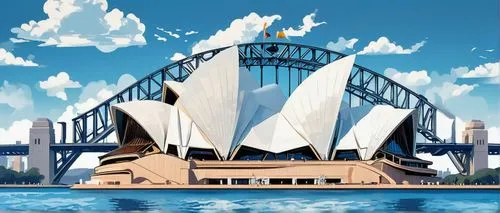 Sydney Opera House-inspired architectural product, modern curved lines, white and glass material, sleek metal accents, urban cityscape background, Harbour Bridge view, sunny afternoon, dramatic clouds